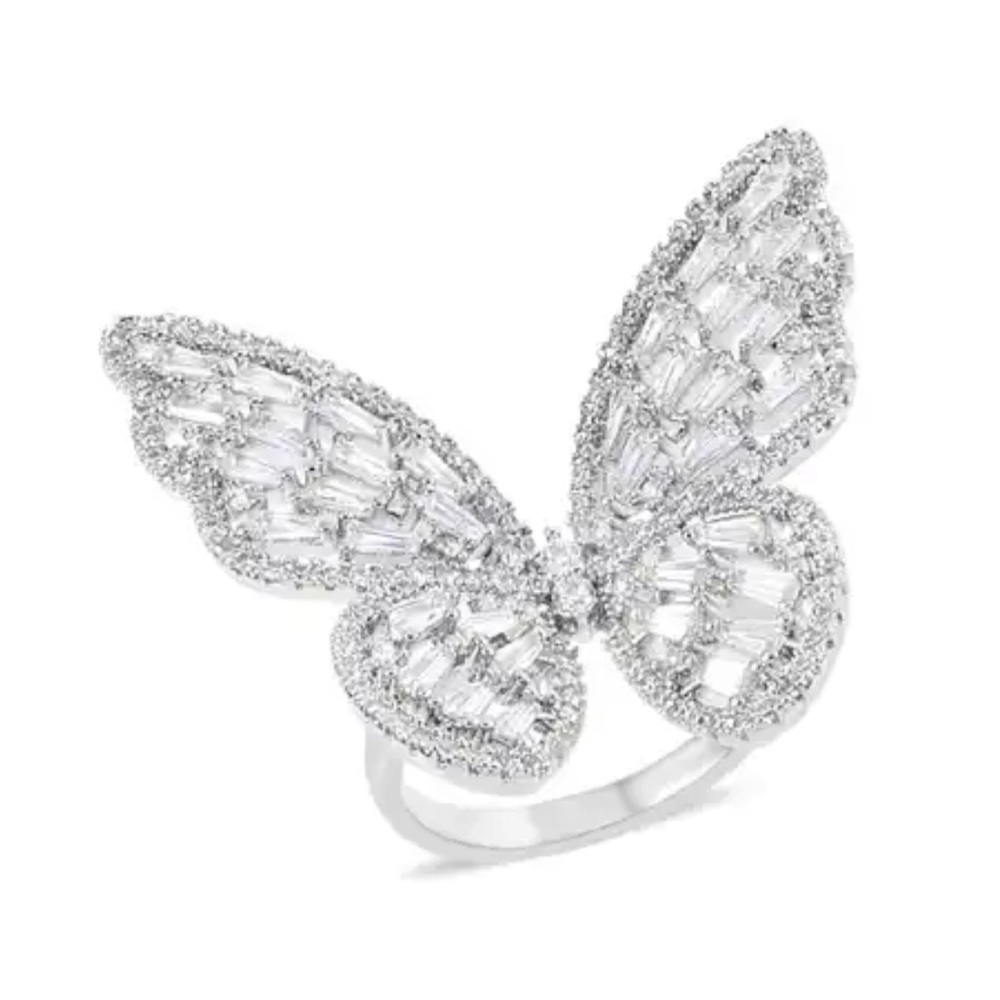 Simulated Diamond Butterfly Ring in Silvertone (Size 6.0)